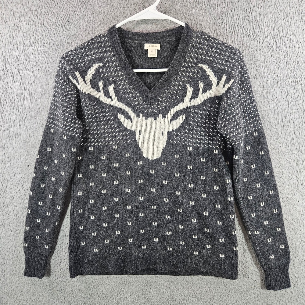 J.Crew Womens XS Gray Merino Wool Blend Stag Deer Intarsia V-Neck Sweater